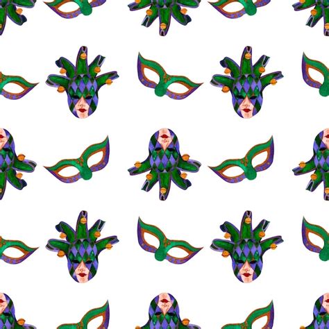 Premium Photo Mardi Gras Two Mask Purple Green Watercolor Pattern On