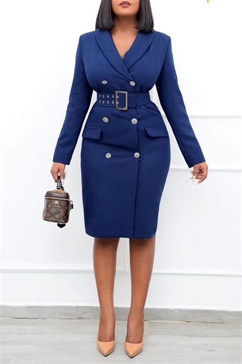 Solid Color Commuting Belted Double Breasted Midi Dress XL-Blue | Blazer dress, Double breasted ...