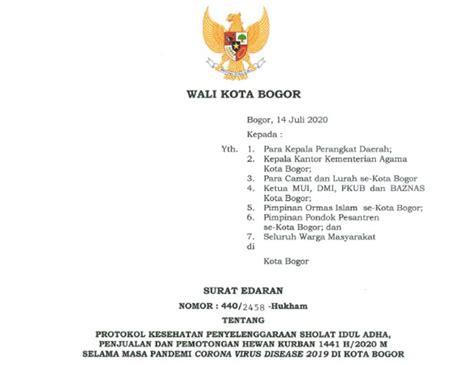 Pemkot Bogor Terbitkan Surat Edaran Protokol Kesehatan Sholat Idul Adha