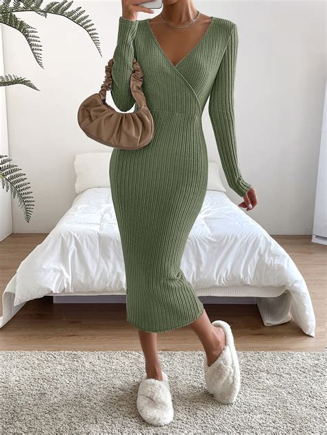 Shein Priv Surplice Neck Ribbed Knit Bodycon Dress Shein Uk