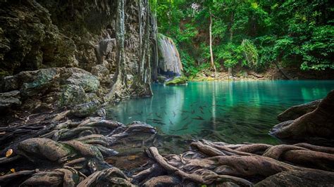 Erawan Waterfall With Fish Pond In Erawan National Park Kanchanaburi