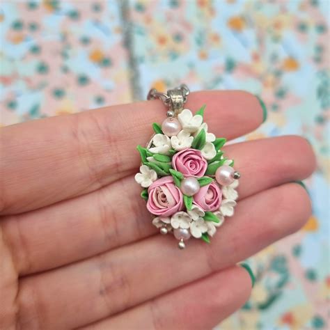 Statement 3d Polymer Pink Rose Necklace With Pearl Detailing Etsy