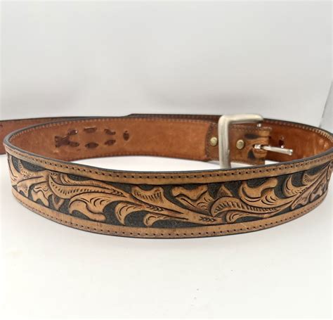 Leegin Western Tooled Leather Brown Men Belt Size 38 Gem