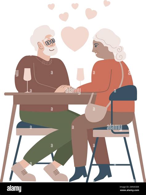 Romantic Elderly Couple Sitting At A Cafe Table Smiling Mature Man And