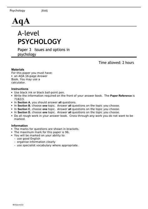 Aqa A Level Psychology Paper 3 June 2022 Question Paper Issues And Options In Psychology A