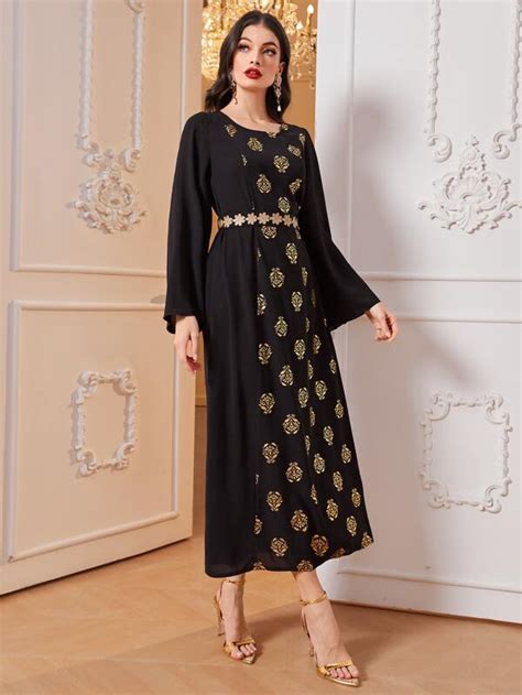 Shein Najma Gold Floral Print Trumpet Sleeve Belted Kaftan Dress