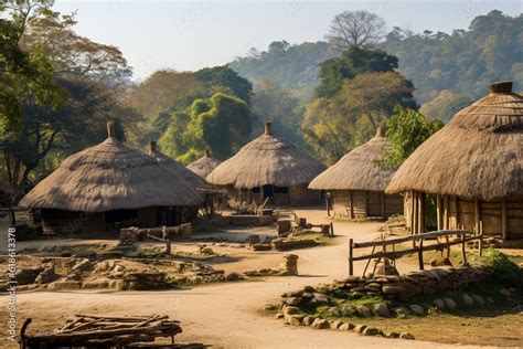 A traditional Indian village with thatched roof houses, Indian culture ...