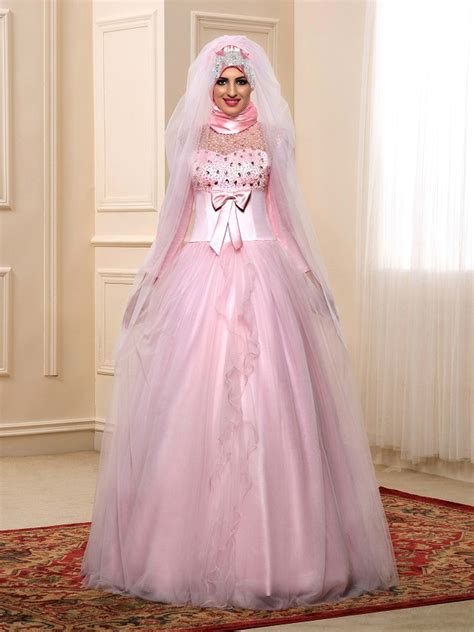 Affordable Beaded Satin Long Sleeve Muslim A Line Wedding Dress With