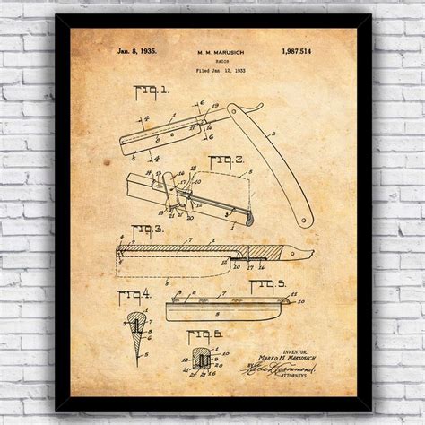 Straight Razor Blade Barber Shop Shaving Patent Blueprint Wall Art