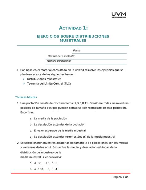 Ejercicios De Estadistica Inferencial Actividad 1 Ejercicios De Estadística Inferencial Docsity