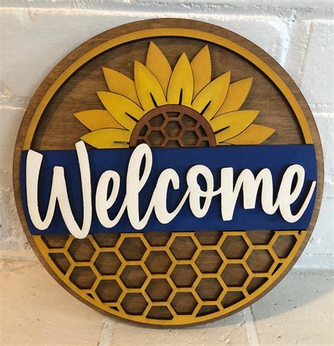 Wooden Sunflower Welcome Round Sign Decor Etsy