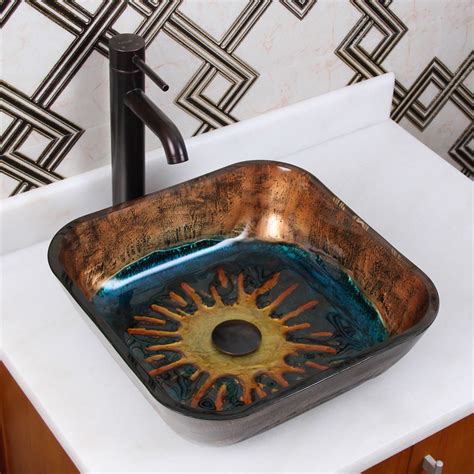 Elite Earth Handcrafted Square Tempered Glass Bathroom Sink Bowl With Oil Rubbed Bronze Pop Up