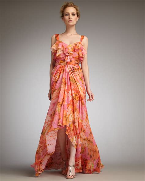 Lyst Badgley Mischka Ruffled Floral Print Gown In Orange