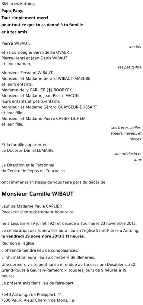 Avis De Décès De Camille Wibaut Décédé Le 23 11 2013 à Tournai