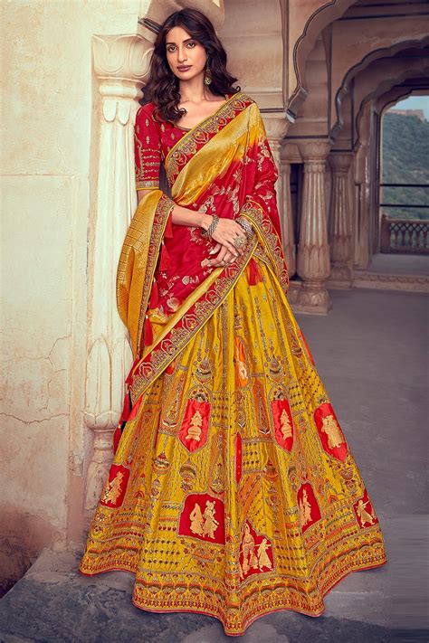 Buy Yellow Banarasi Silk Embroidered Lehenga Online Like A Diva