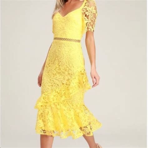 Lulus Dresses Lulus Briarwood Yellow Lace Ruffled Midi Dress Size Small Poshmark