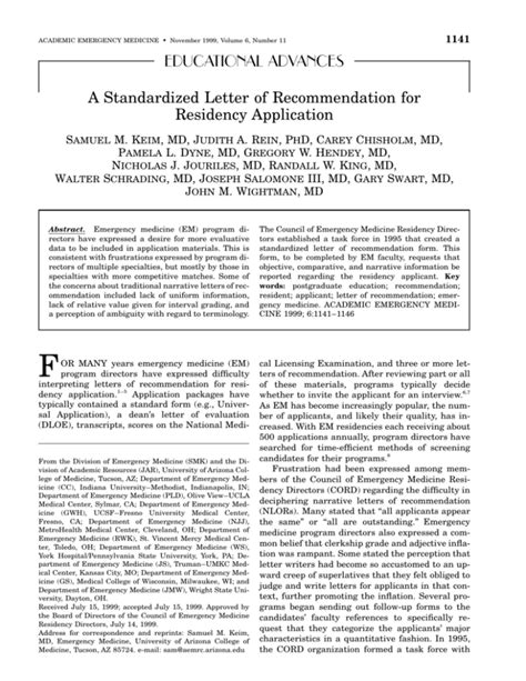 A Standardized Letter Of Recommendation For Residency