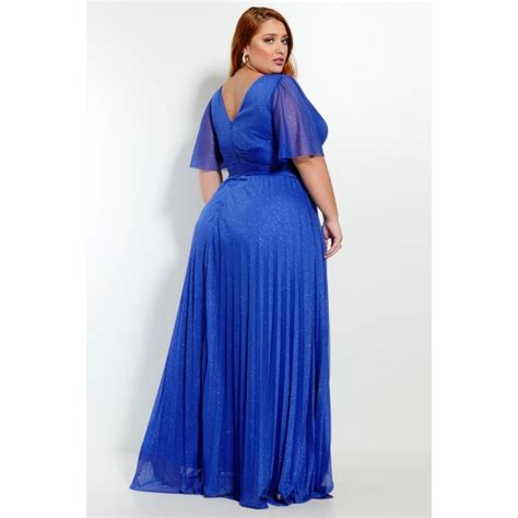 VESTIDO PLUS SIZE AZUL ROYAL MANGUINHAS E SAIA PLISSADA EM LUREX