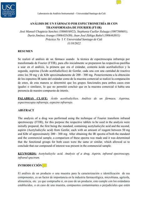 Solution Grupo An Lisis De Un F Rmaco Por Espectrometr A Ir Con