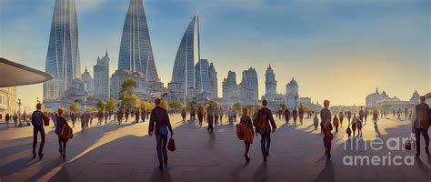 People Walk Along The Square Of A Large Modern City Digital Art By