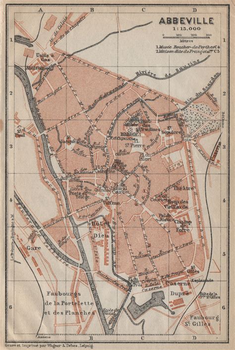 ABBEVILLE Antique Town City Plan De La Ville Somme Carte BAEDEKER