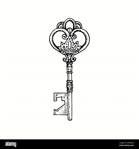 Hand drawn vintage key. Ink black and white drawing Stock Photo - Alamy