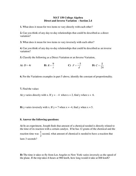 Direct And Inverse Variation Worksheet Study Notes Algebra Docsity