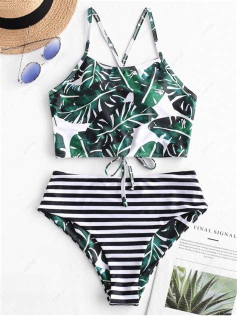 26 Off 2021 Zaful Reversible Palm Striped Lace Up Tankini Swimsuit In Multi A Zaful