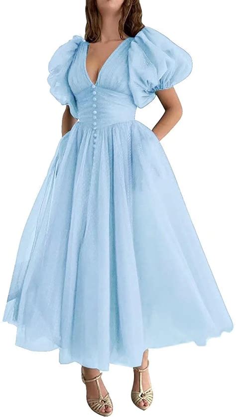 Amazon Dotted Tulle Puffy Sleeve Prom Dresses For Women V Neck