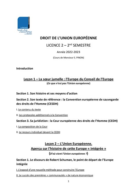 Plan Droit de l UE L2 Mars 2023 DROIT DE LUNION EUROPÉENNE LICENCE