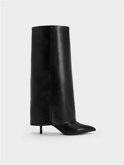 Black Fold Over Pointed Toe Knee High Boots Charles And Keith Za