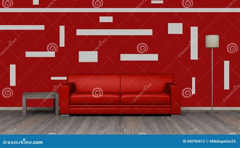 Moderner Innenraum Mit Roter Wiedergabe Des Sofas 3D Stock Abbildung