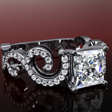 Ct Princess Cut Natural Diamond Pave Setting Scroll Shank Design