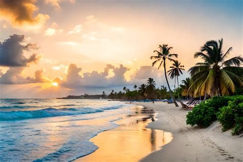 Premium AI Image | a sunset on a beach with palm trees and a sunset