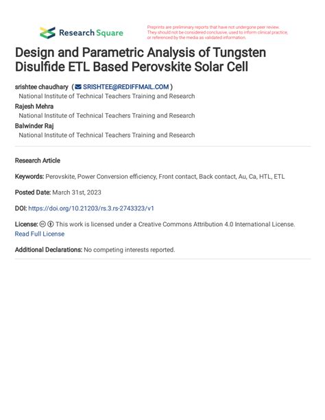 PDF Design And Parametric Analysis Of Tungsten Disulfide ETL Based