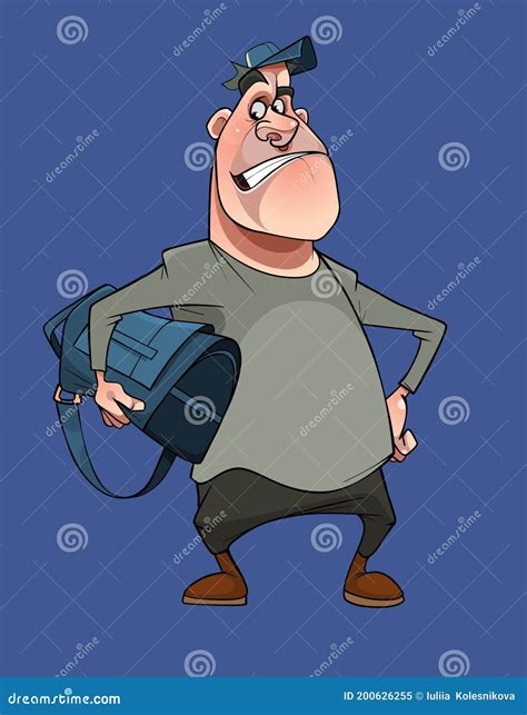 Cartoon Big Guy Standing With A Sports Bag Under His Arm Stock Vector