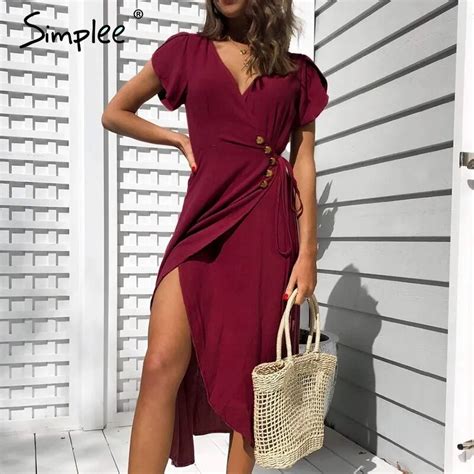 Simplee Sexy V Neck Women Wrap Dress Casual Solid Button Female Summer