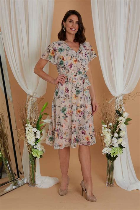 Julianna Floral Print Chiffon Dress In Biscuit Roman Originals UK