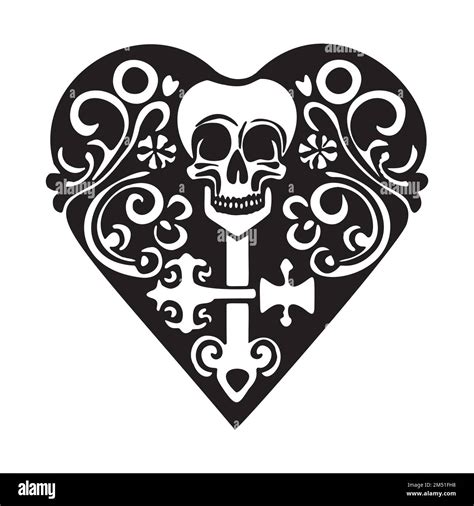 Valentines Day Skull Love Heart Tattoo Graphic Vector Skeleton Stock