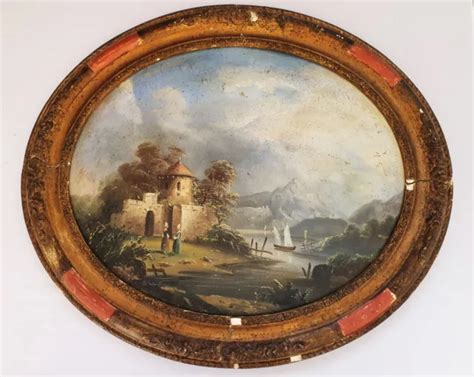 ANCIEN TABLEAU HUILE Sur Carton Paysage Montagne Lac Personnages Bateau