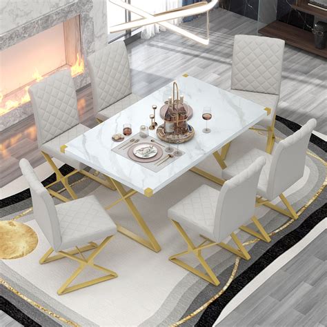 Modern 7 Piece Dining Set Kitchen Table Set with Rectangular Marble ...