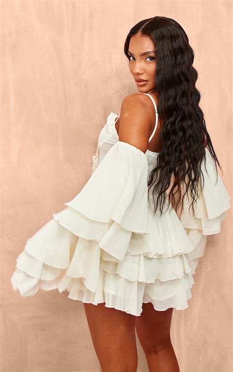 Cream Ruffle Detail Chiffon Frilly Skort Playsuit Jumpsuits And Rompers