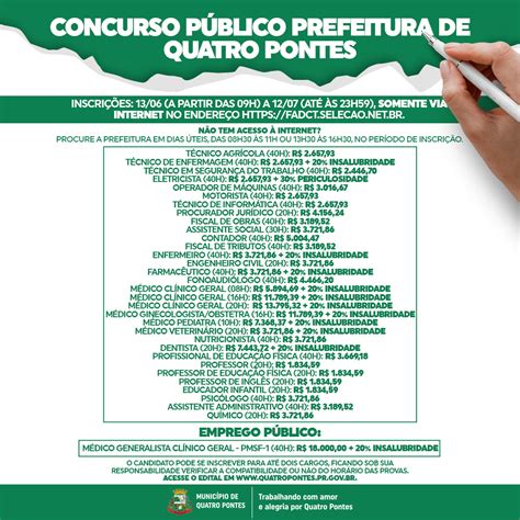 Prefeitura de Quatro Pontes lança concurso público e emprego público