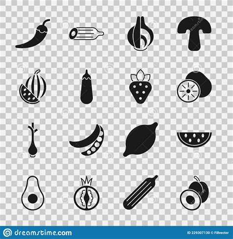Set Plum Fruit Watermelon Kiwi Onion Eggplant Hot Chili Pepper Pod And Strawberry Icon