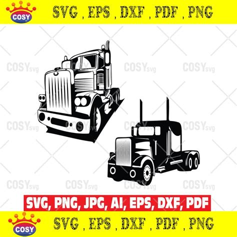 Two Black And White Silhouettes Of Semi Trucks One With The Word Svg