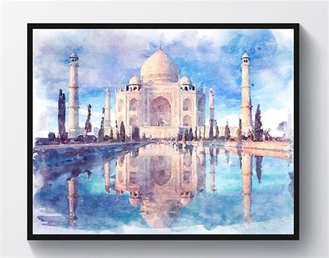 Taj Mahal Complex Indian Mausoleum Art Watercolor Monument Travel