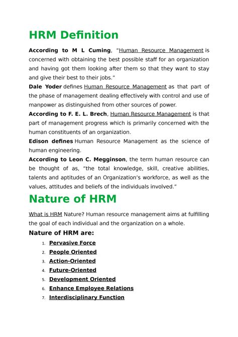 Hrm Nature And Scope Principles Of Managemment Hrm Definition