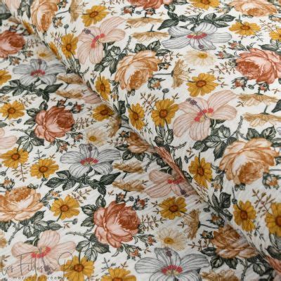 Tissu Double Gaze De Coton Fleurs Vintage Ecru Tons Ocre Terracotta