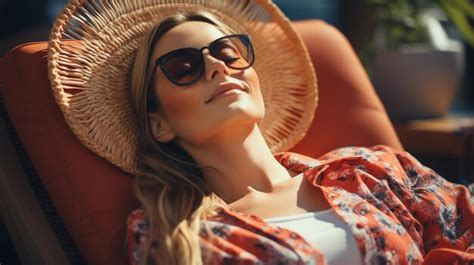 Premium Ai Image A Woman Wearing Sunglasses And A Straw Hat Is Laying On A Chair