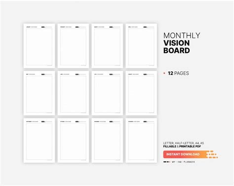 Monthly Vision Board Printable Planner Template Fillable Digital Goal